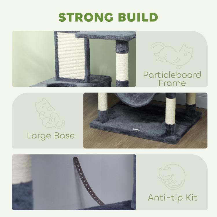 Gray cat tree close-up showing particleboard frame, base, and anti-tip detail