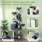 Gray cat tree with scratching post, scratching board, toy balls, and rope cat toy