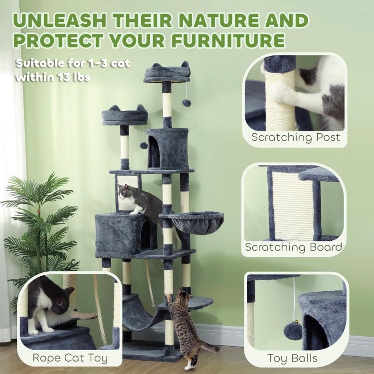 Gray cat tree with scratching post, scratching board, toy balls, and rope cat toy