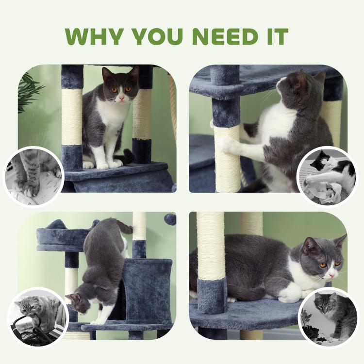 Gray cat tree with cats resting on platforms and in enclosed cubbies