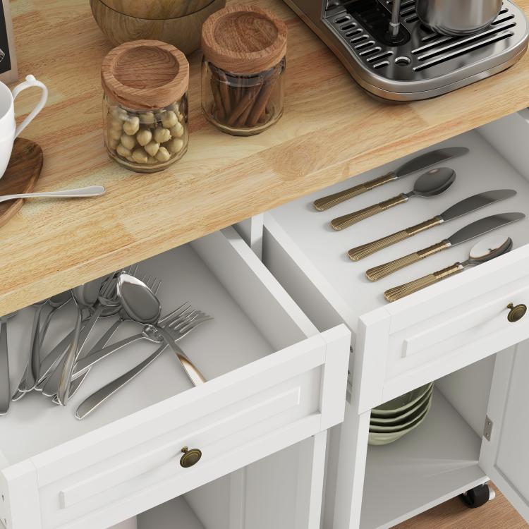 Rolling kitchen cart with white drawers, open shelves, and rubberwood top.