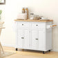 Cream white kitchen island cart with rubberwood top and side towel rack on wheels