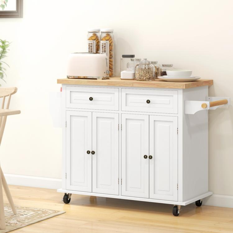 Cream white kitchen island cart with rubberwood top and side towel rack on wheels