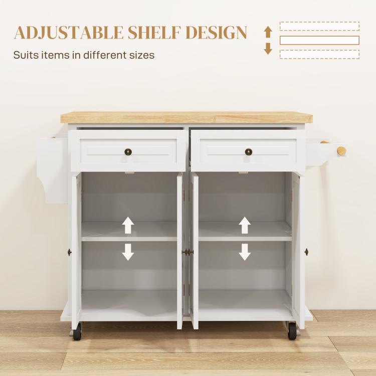 White kitchen island cart with open cabinets and adjustable shelves, rubberwood top