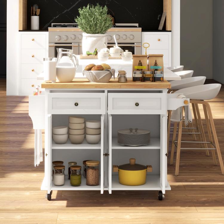 White kitchen island cart with open cabinets and storage shelves, rubberwood top