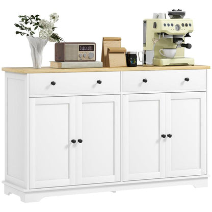 White sideboard cabinet with four doors, two drawers, and a light wood top