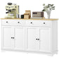 White buffet sideboard with light wood top, two drawers, and four cabinet doors