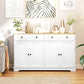 White sideboard cabinet with light wood top, four doors, and two storage drawers