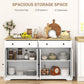 White sideboard cabinet open to show drawers and shelves with storage compartments