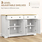 White sideboard cabinet with adjustable shelves inside two open cabinet bays