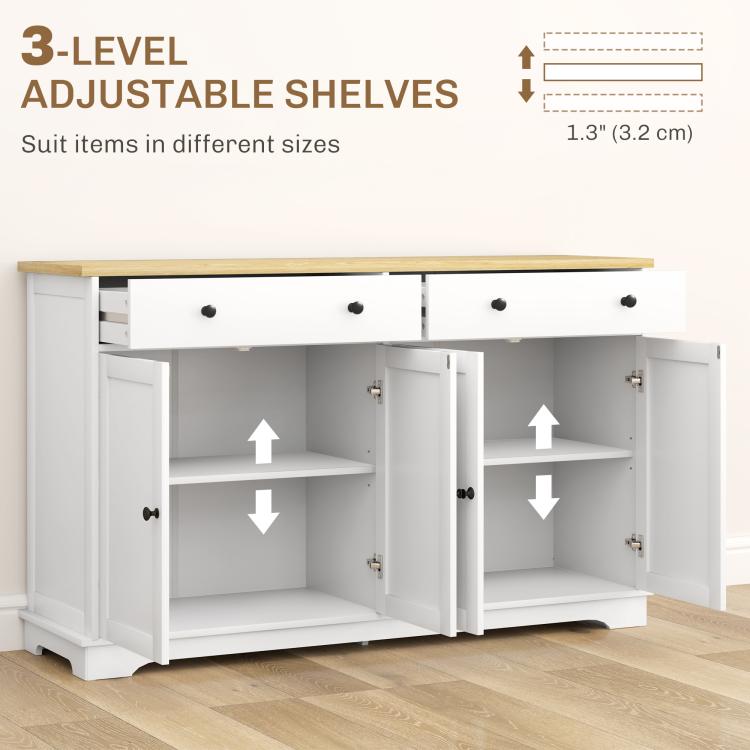 White sideboard cabinet with adjustable shelves inside two open cabinet bays