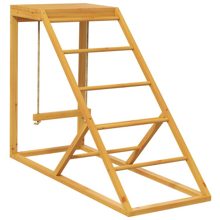 Wooden chicken activity center with ramp ladder and hanging rope perch, yellow