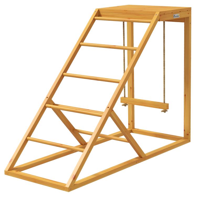 Chicken coop activity toy with wooden ladder, perches, and hanging bar, yellow