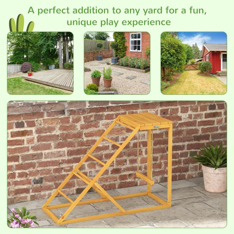 Wooden chicken activity center with slanted ramp ladder and platform, yellow