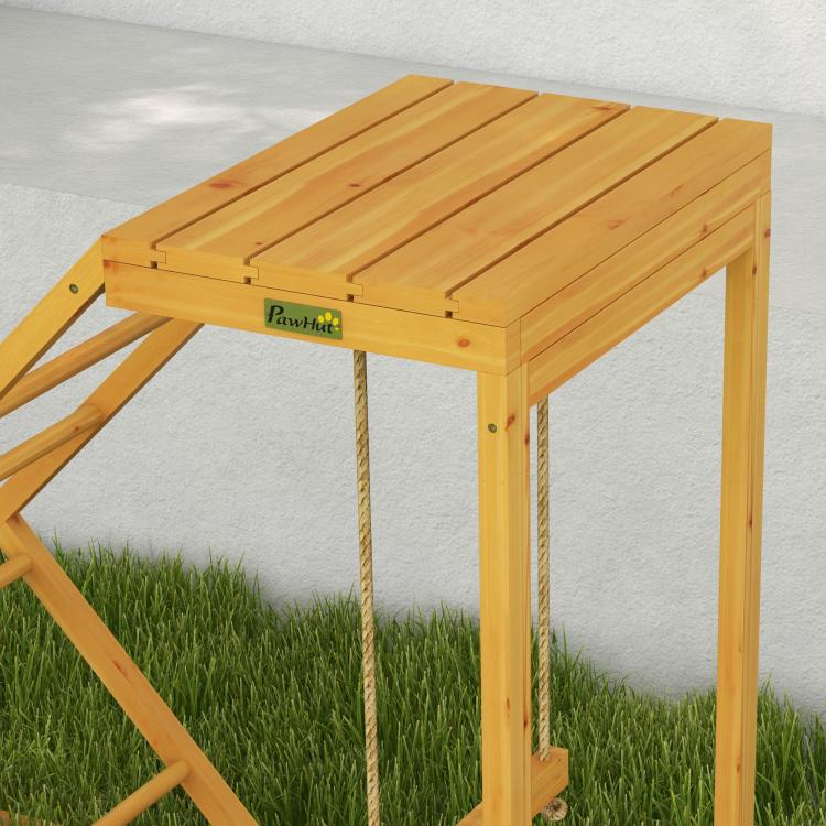 PawHut wooden chicken activity center top platform with hanging rope perch, yellow