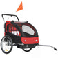 Black and red double-seat bike trailer with front mesh panels and protective canopy