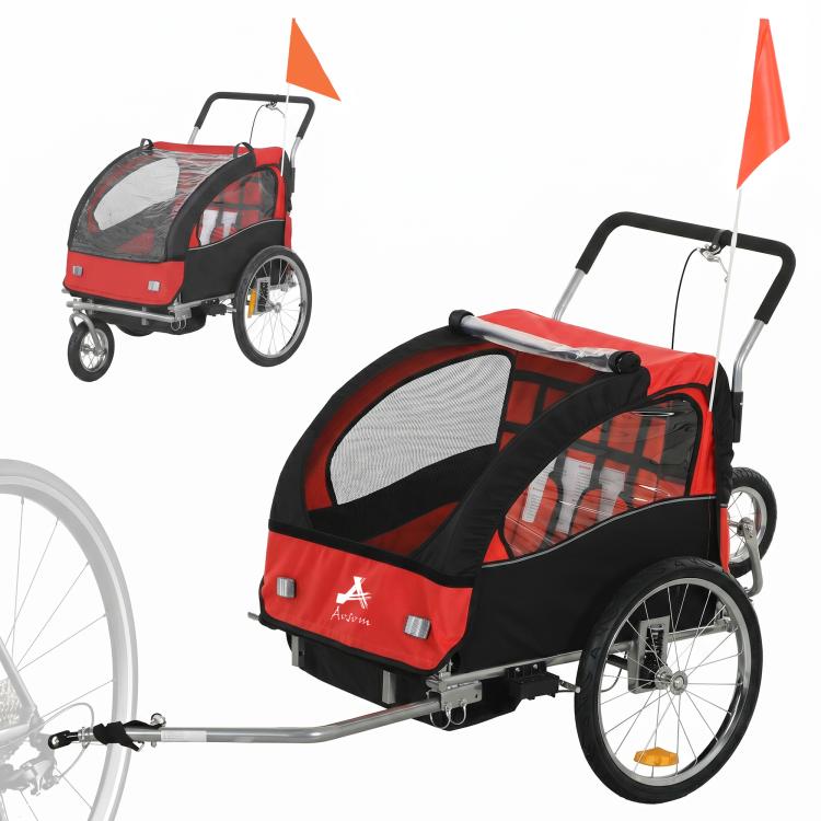 2-seat bike trailer with red canopy, black frame, mesh windows, orange flags