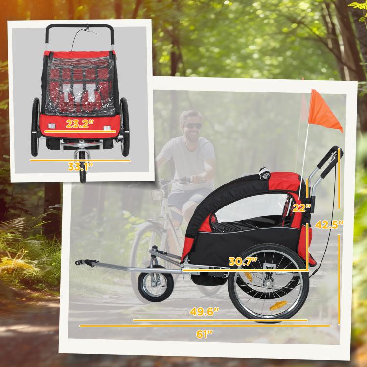 Black and red bike trailer viewed from side with mesh windows and dual wheels