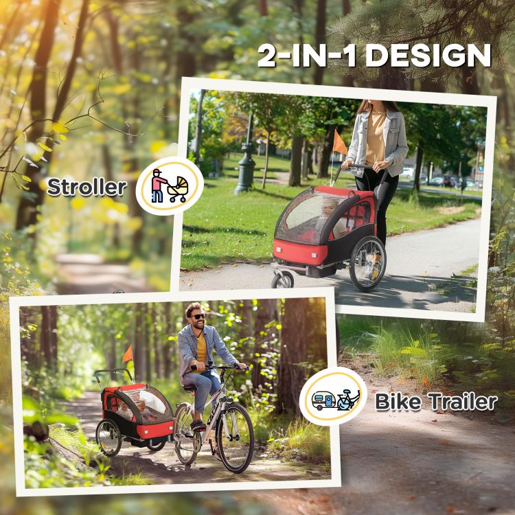 Two-in-one style bike trailer in black and red with enclosed passenger cabin