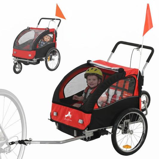 Two-seat bike trailer for kids, black and red with enclosed mesh windows and canopy