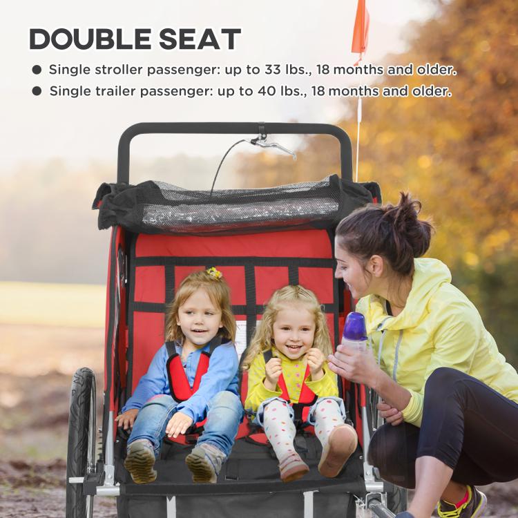 Double-seat kid stroller/bike trailer with black frame, red panels, and top handle