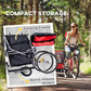Folded black and red bike trailer frame with wheels, compact storage view