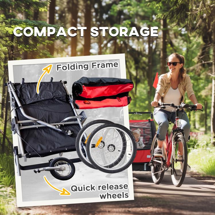 Folded black and red bike trailer frame with wheels, compact storage view