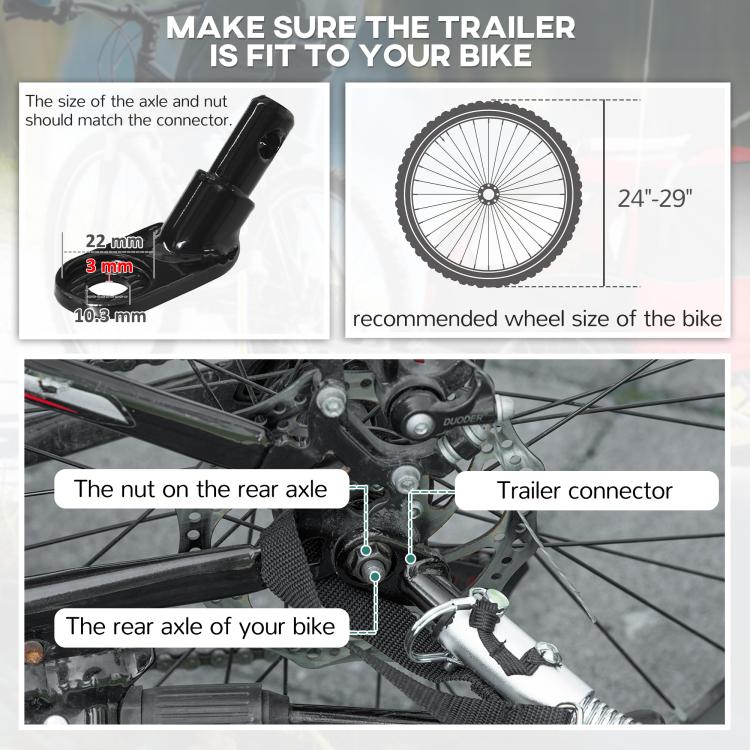 Bike trailer hitch and axle connection area shown in close-up on black frame