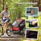 Two-seat black and red bike trailer with safety reflectors and visible braking area