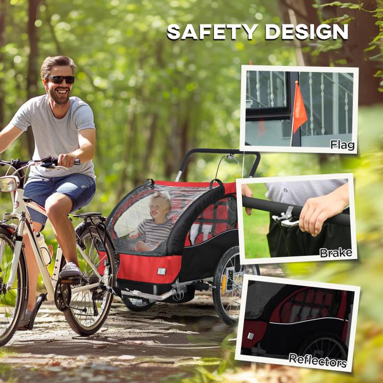 Two-seat black and red bike trailer with safety reflectors and visible braking area