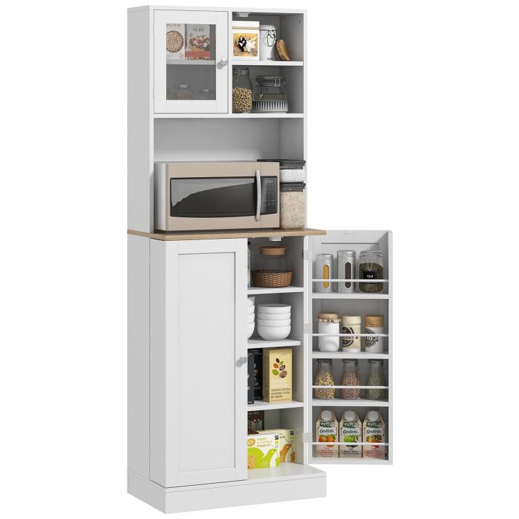 White kitchen pantry cabinet with microwave shelf and open adjustable storage shelves