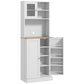White kitchen hutch cabinet with open doors and multiple interior shelves