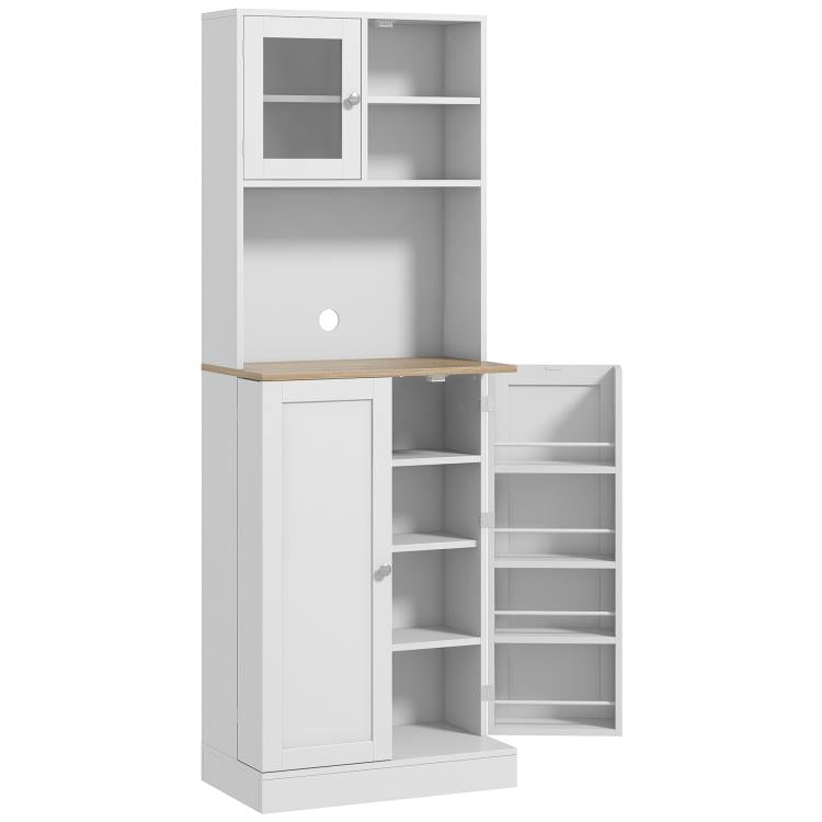 White kitchen hutch cabinet with open doors and multiple interior shelves