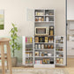 White kitchen pantry cabinet hutch with open compartments and microwave center shelf