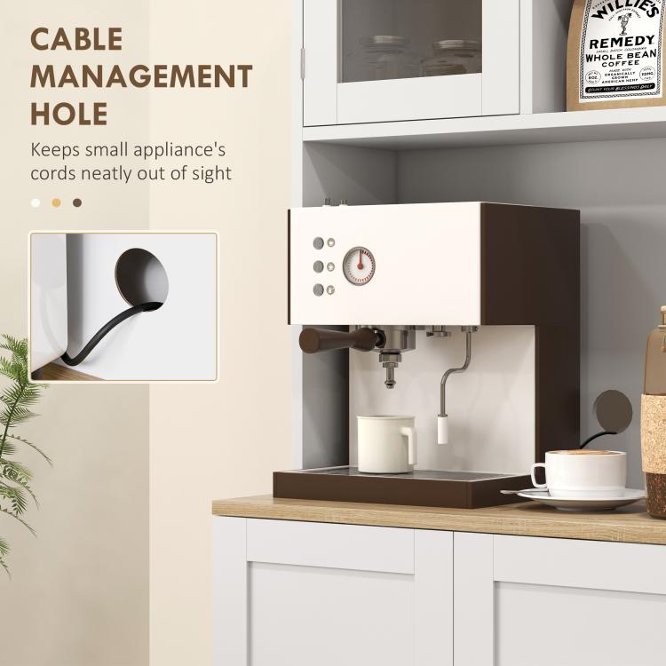 White pantry hutch with cable management hole above the appliance shelf