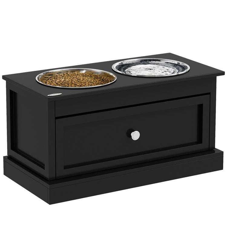 Black raised dog bowl stand with two stainless steel bowls and front storage drawer