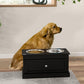 Black raised dog bowl stand with two stainless steel bowls and small drawer