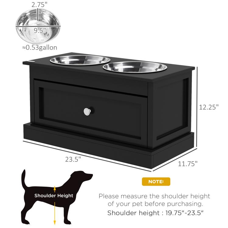 Black raised dog bowl stand with two stainless steel bowls and storage drawer