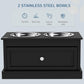 Black raised dog bowl stand with two stainless steel bowls and front storage drawer