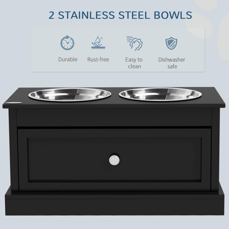 Black raised dog bowl stand with two stainless steel bowls and front storage drawer