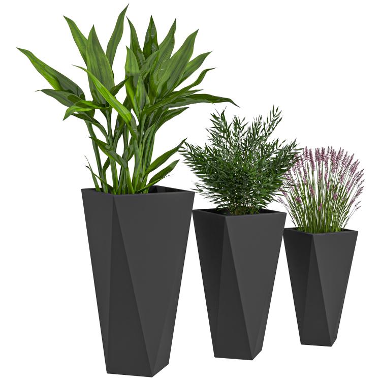 Five dark planters with different tall green plants, including grass and small shrubs