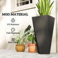 Tall black planter with green plants, labeled MG O material benefits on the background