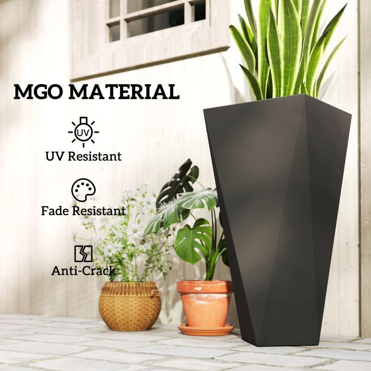 Tall black planter with green plants, labeled MG O material benefits on the background