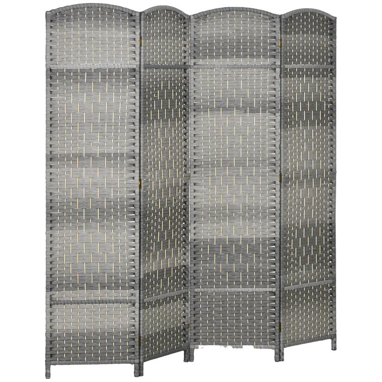 4-panel folding privacy screen in mixed gray woven texture, freestanding