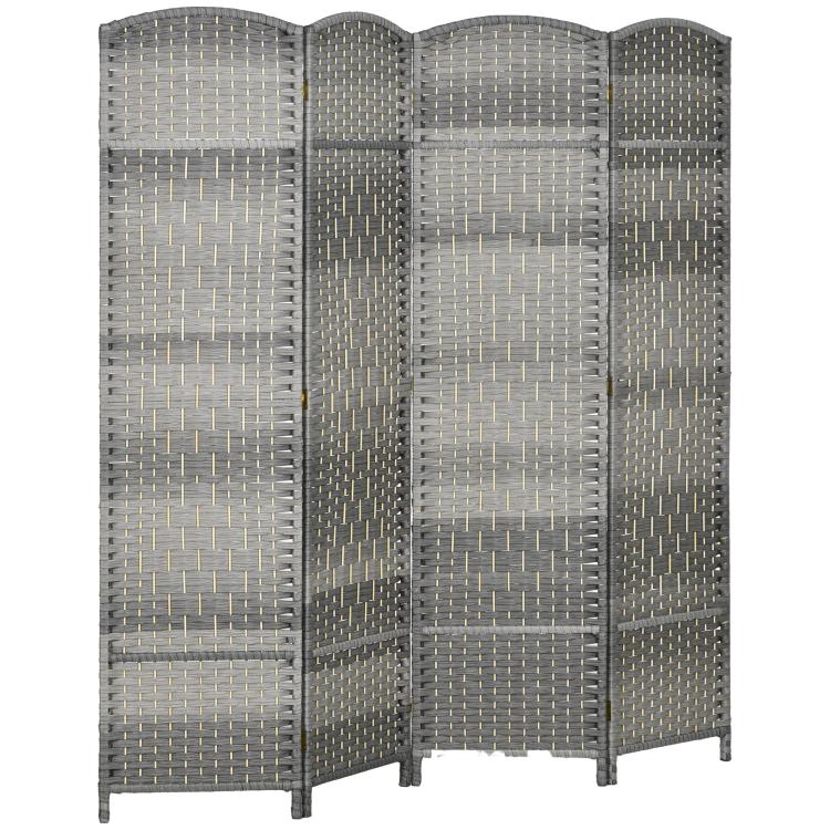 Gray 4-panel folding room divider screen, freestanding privacy screen with woven panels