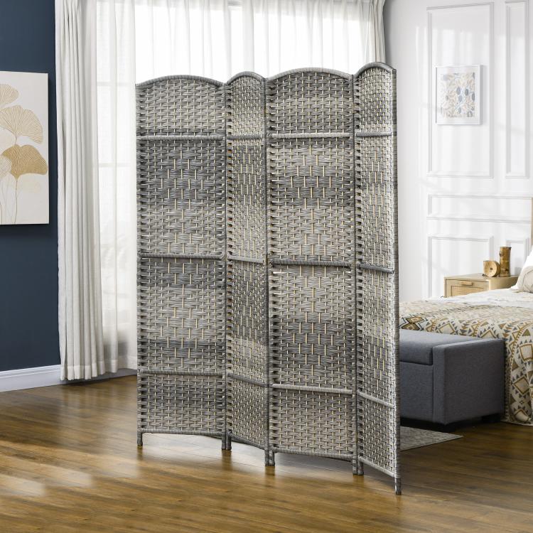 Gray woven 4-panel folding privacy screen partition standing indoors