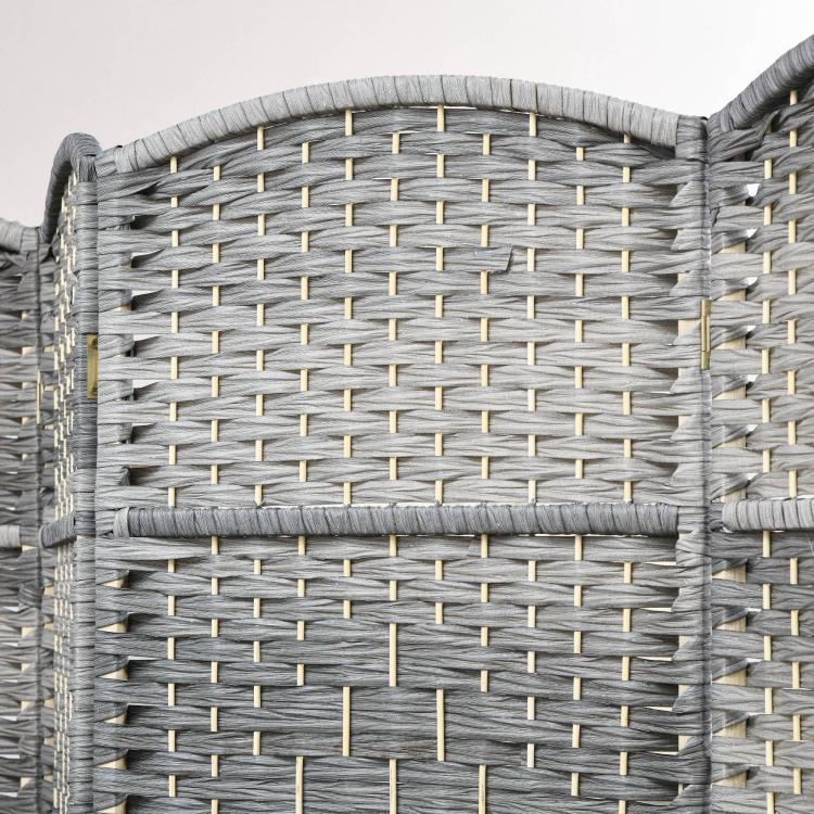 Close-up of rounded top panel on gray woven folding privacy screen