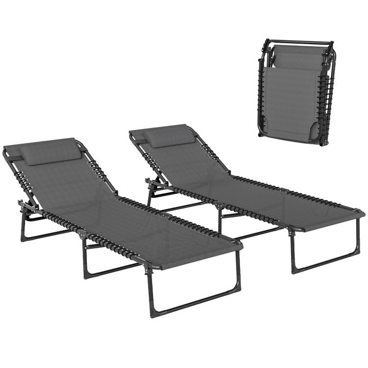 Gray folding chaise lounge chair set with padded headrests and black steel frame