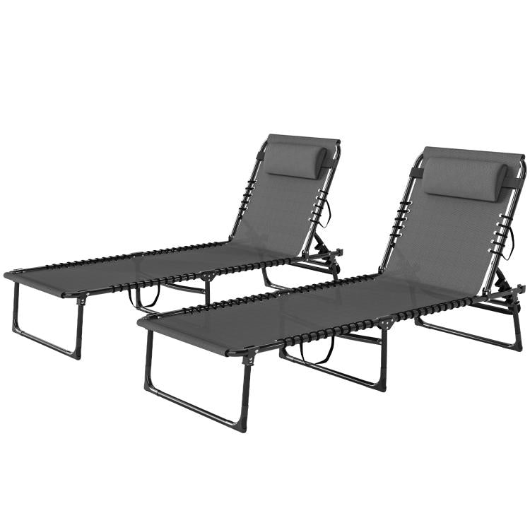 Two gray folding chaise lounge chairs with adjustable backrests and black metal frames