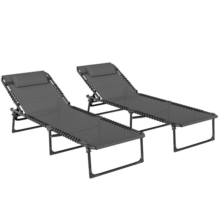 Set of two gray reclining folding chaise lounges with padded headrests, mesh seats, steel frames